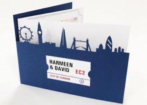 Laer cut wedding invitaion of the London skyline