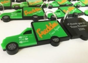 laser cut acrylic key rings for Freddie Fries Again crew corporate gifts