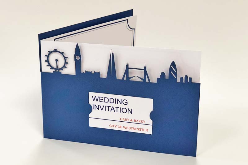 London skyline laser cut wedding invitation, bespoke design for new customers.