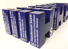 Henderson Scott employee awards Large 3d letter awards with vinyl graphics.