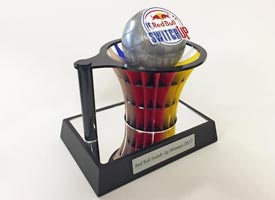 Redbull Swtich Up award made using laser cut acrylic and cold cast, metal look netball. 