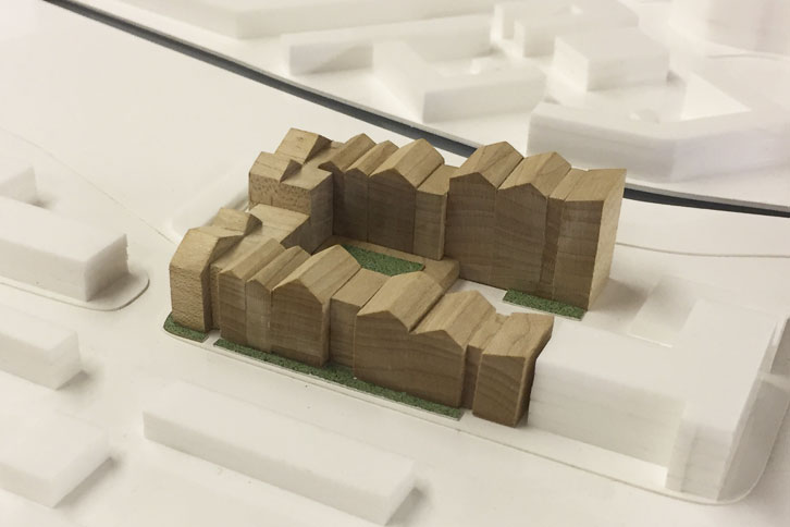 Simple massed architectural model made from acrylic and timber