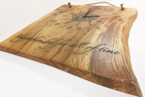 Solid oak, engraved wood clock.