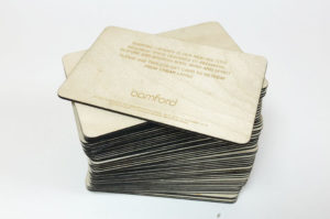 Laser engraved plywood vouchers for Bamford marketting..