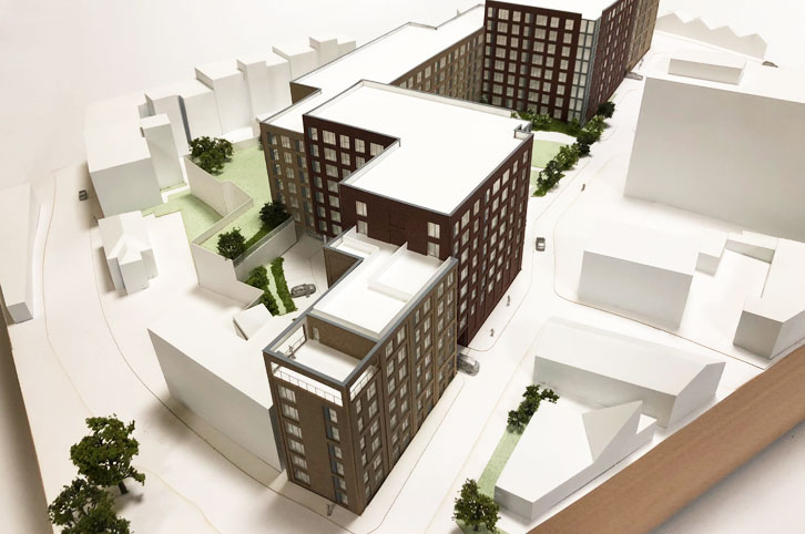 Architectural sales model of a block of flats. Made from acrylic and timber.