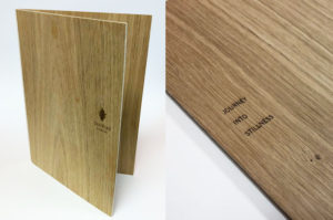Laser engraved oak veneer menu covers