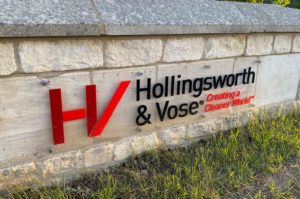 Laser cut acrylic road sign for Hollingsworth & Vose.