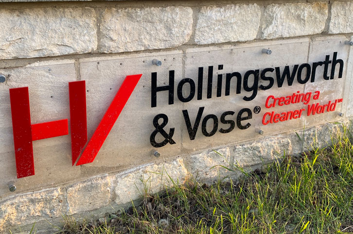 Laser cut acrylic road sign for Hollingsworth & Vose.