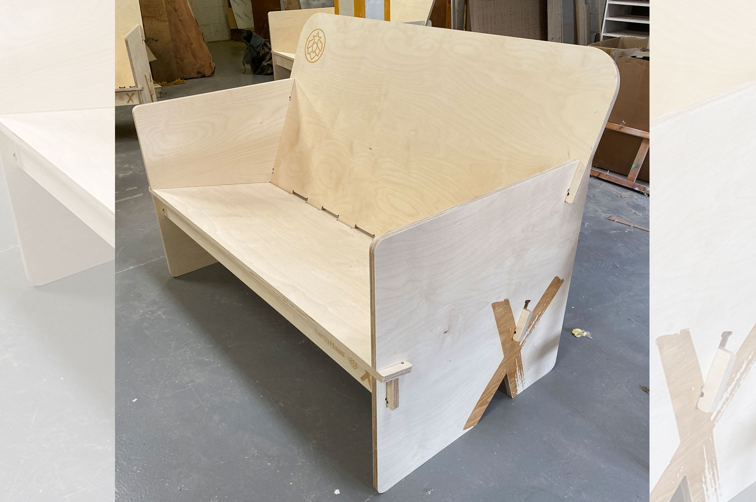 Slot together furniture, cnc machined from birch plywood with a laser engraved logo.