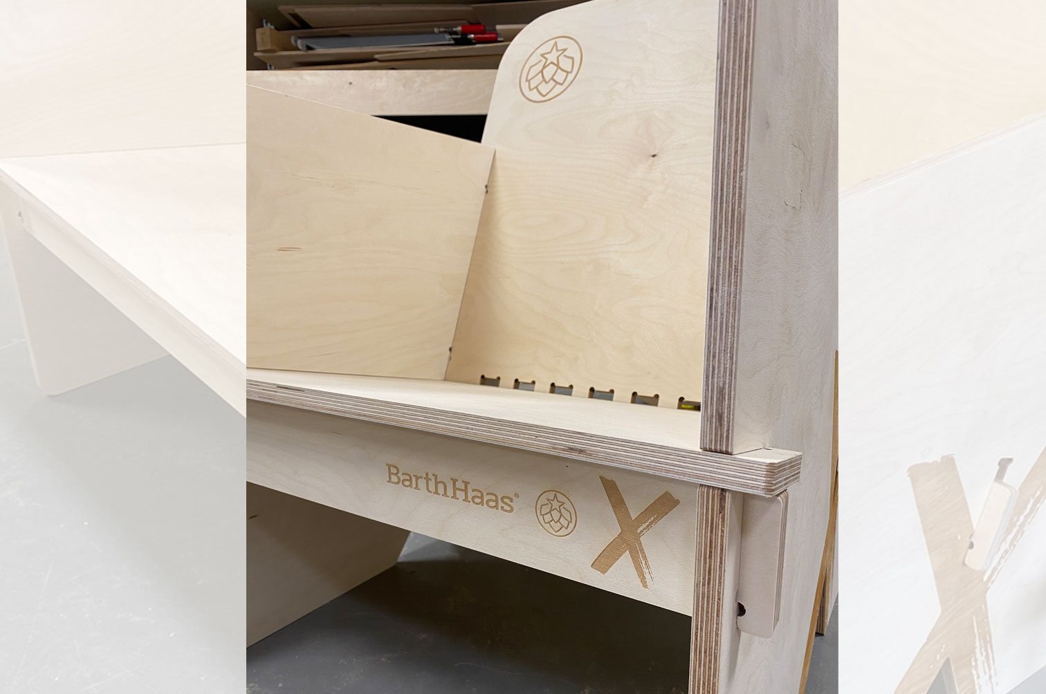 Slot together furniture, cnc machined from birch plywood with a laser engraved logo.