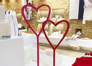 Laser cut heart valentines shop display.