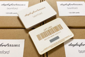 Eco wood gift cards for Daylesford Organic and Bamford. Laser cut plywood gift cards.
