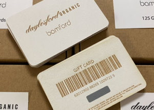 Wood gift cards for Daylesford Organic and Bamford.