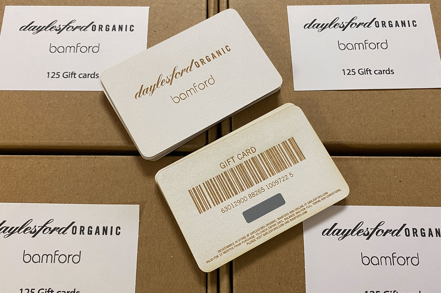 Eco friendly wood gift cards for Daylesford Organic and Bamford.