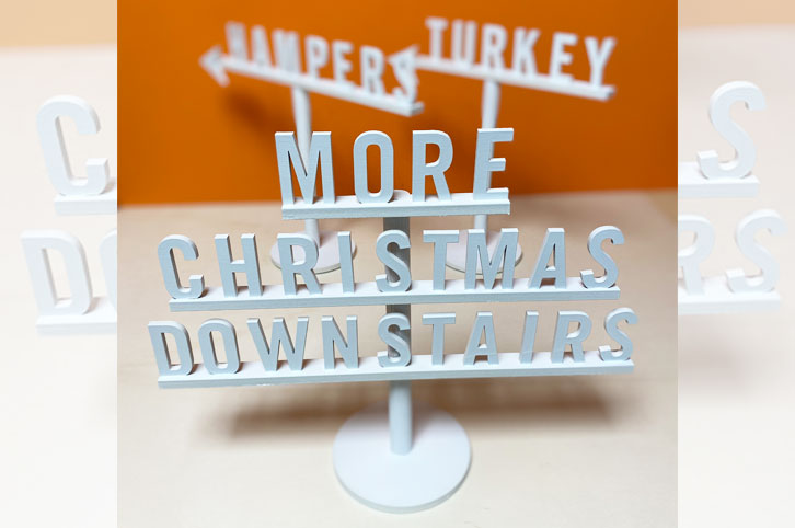 Christmas directional signage, painted wood signs.